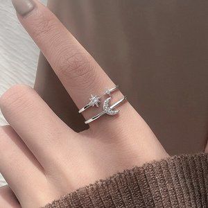NEW 925 Sterling Silver Moon Star Adjustable Ring
